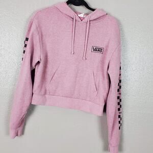Vans Women's Pink/Black Off the Wall Cropped Pullover Hoodie Kanga Pocket XS